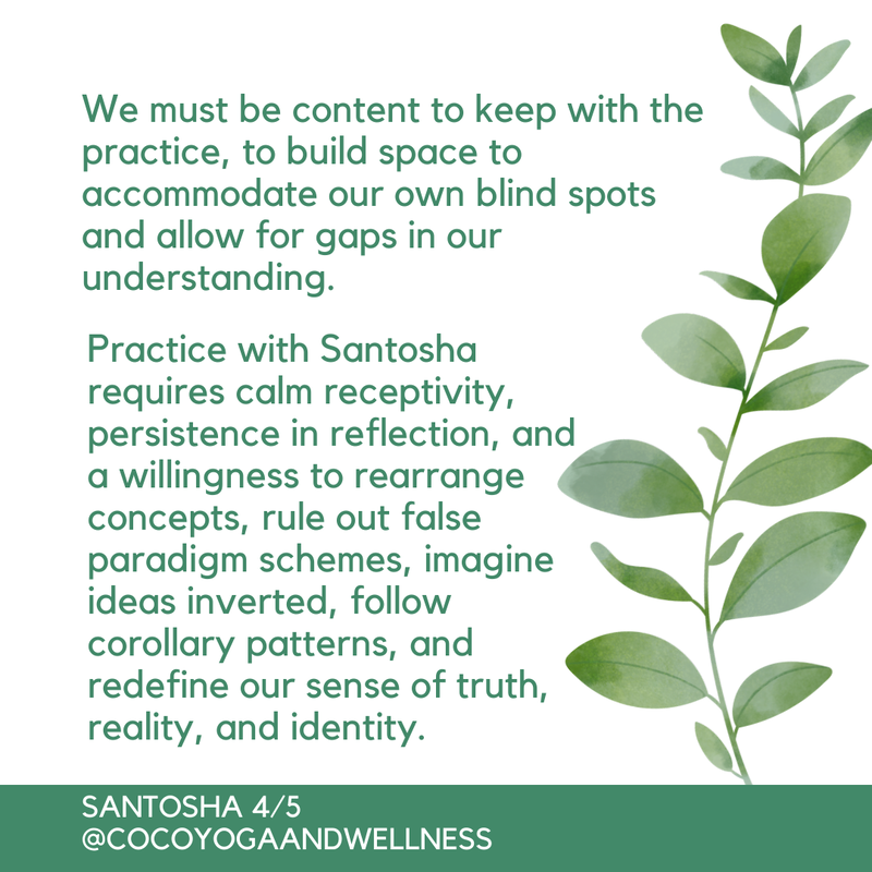 We must be content to keep with the practice, to build space to accommodate our own blind spots and allow for gaps in our understanding.  Practice with Santosha requires calm receptivity, persistence in reflection, and a willingness to rearrange concepts, rule out false paradigm schemes, imagine ideas inverted, follow corollary patterns, and redefine our sense of truth, reality, and identity.

Coco Yoga & Wellness